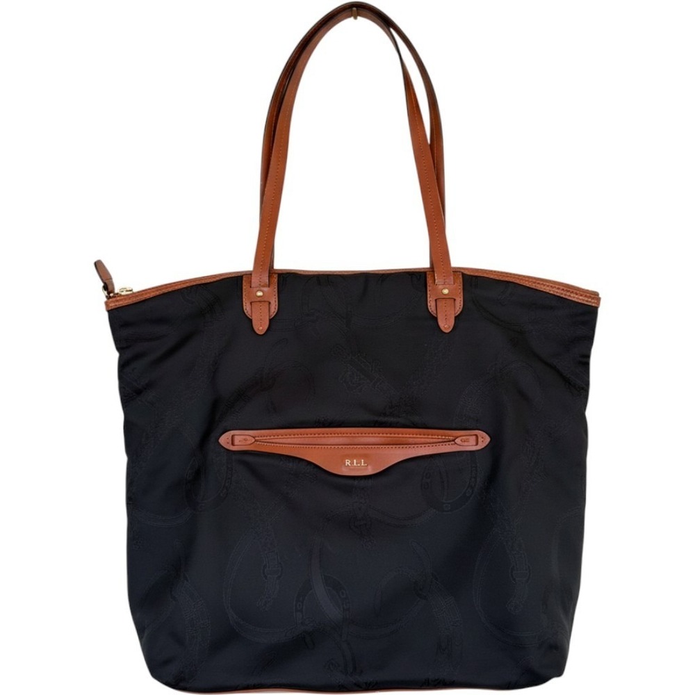 Lauren Ralph Lauren Tote Bag Womens Large Black Brown Equestrian Jacquard Nylon